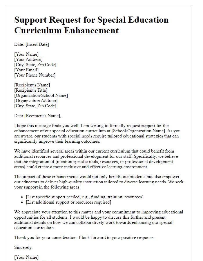 Letter template of support request for special education curriculum enhancement