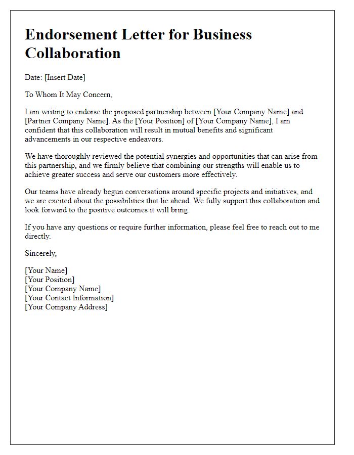 Letter template of endorsement for forming a business collaboration partnership.