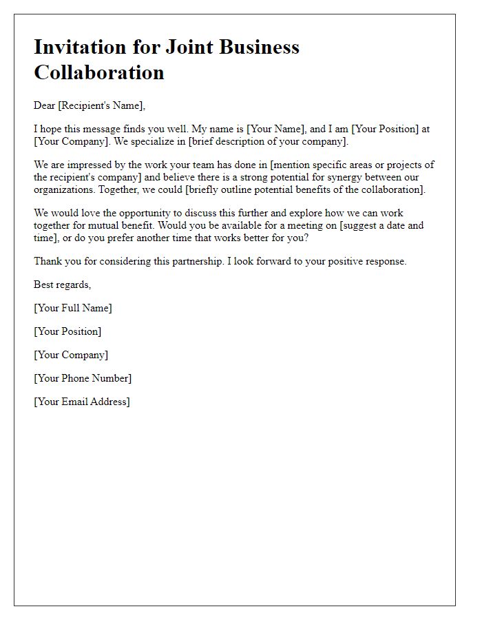 Letter template of outreach for joint business collaboration partnership invitation.