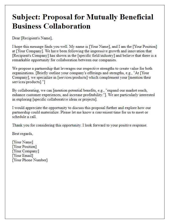 Letter template of suggestion for mutually beneficial business collaboration partnership.