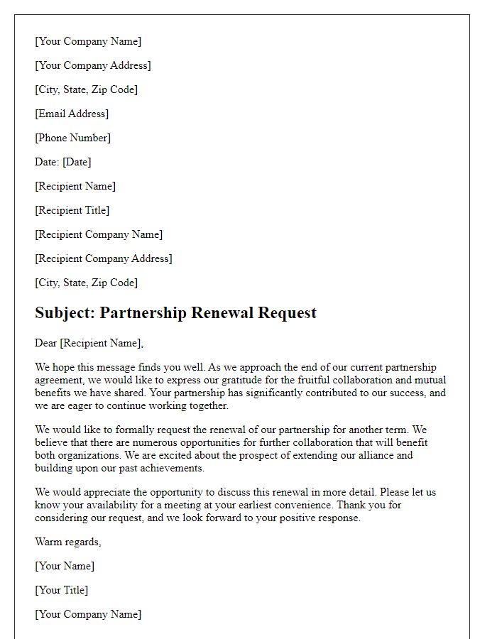 Letter template of partnership renewal request for corporate alliances.