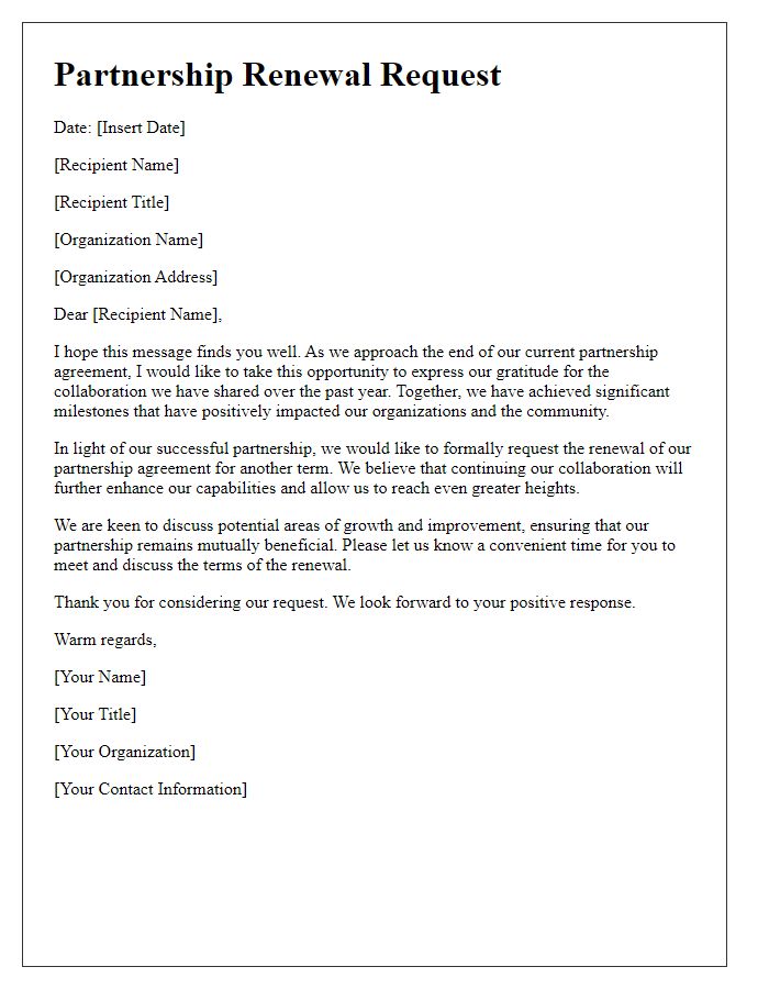 Letter template of partnership renewal request for formal organizations.