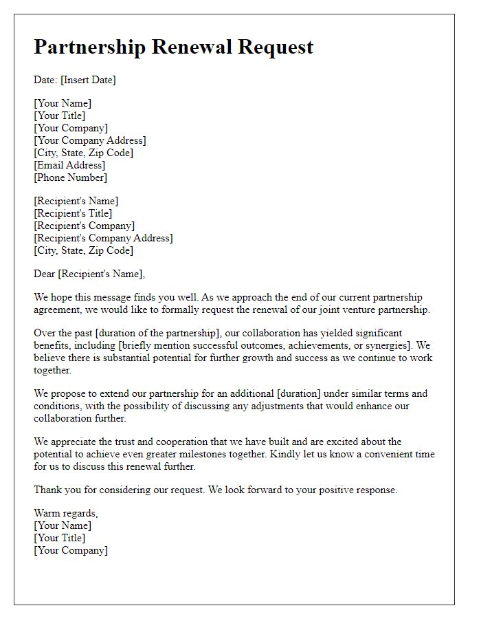 Letter template of partnership renewal request for joint ventures.