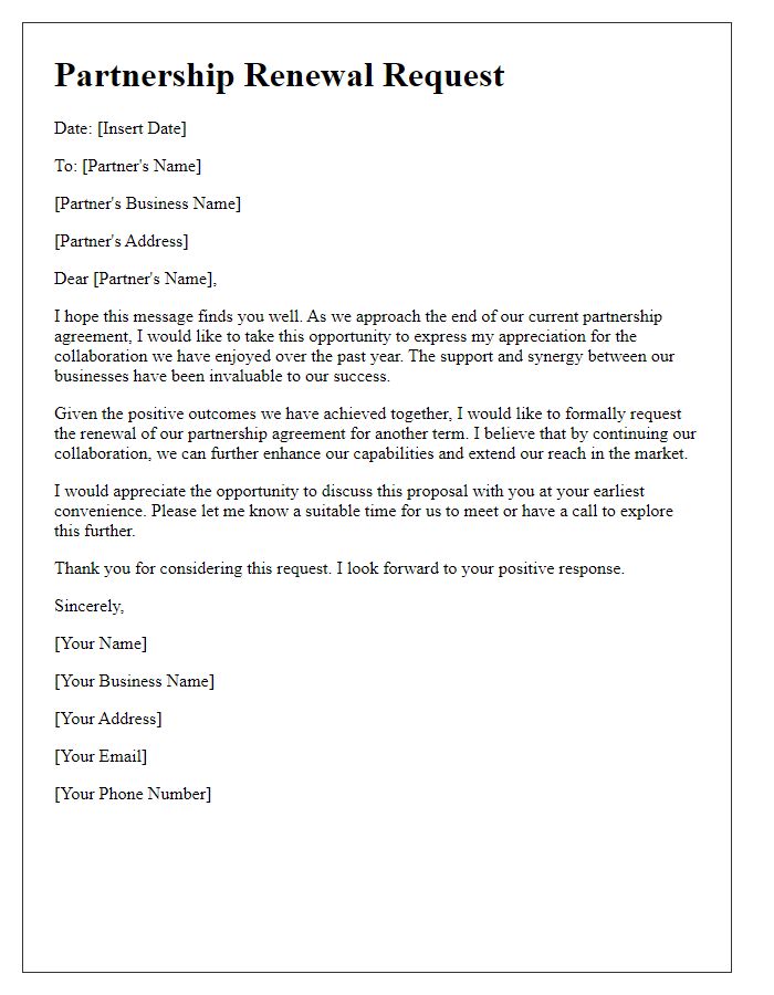 Letter template of partnership renewal request for small businesses.