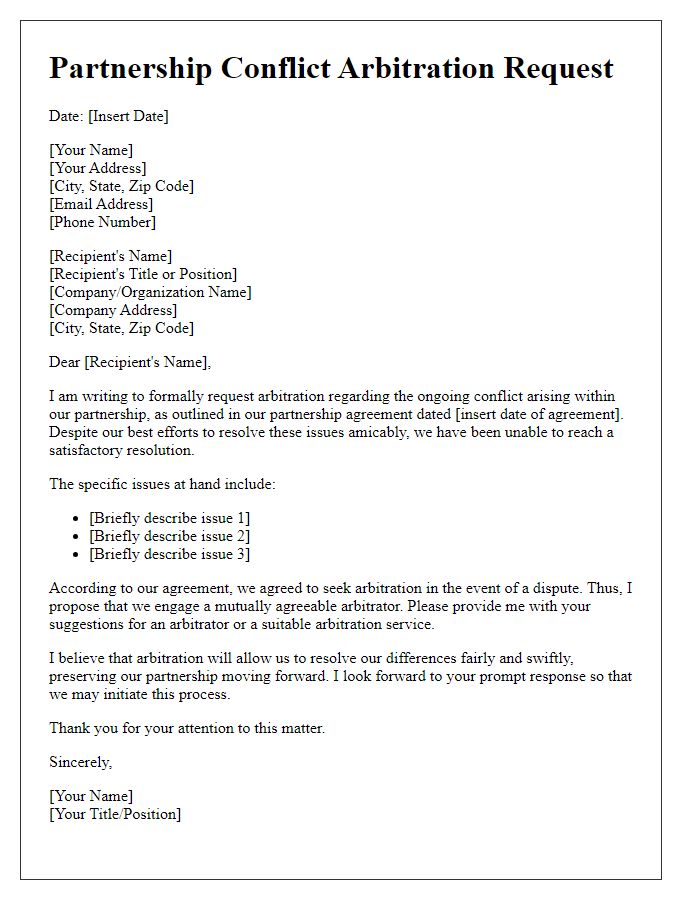 Letter template of partnership conflict arbitration request