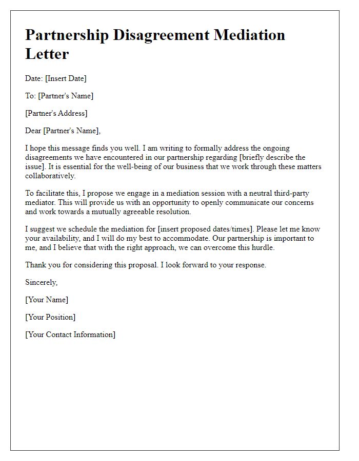 Letter template of partnership disagreement mediation