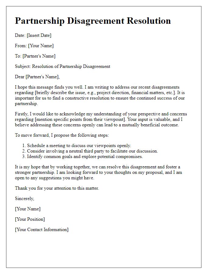 Letter template of partnership disagreement solution