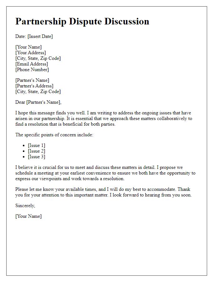 Letter template of partnership dispute discussion