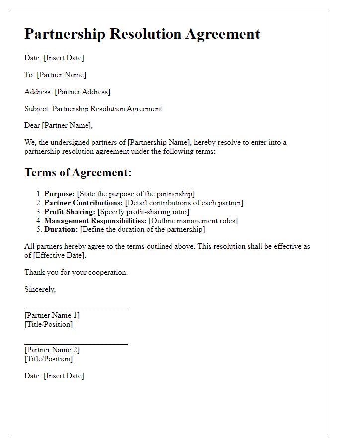 Letter template of partnership resolution agreement