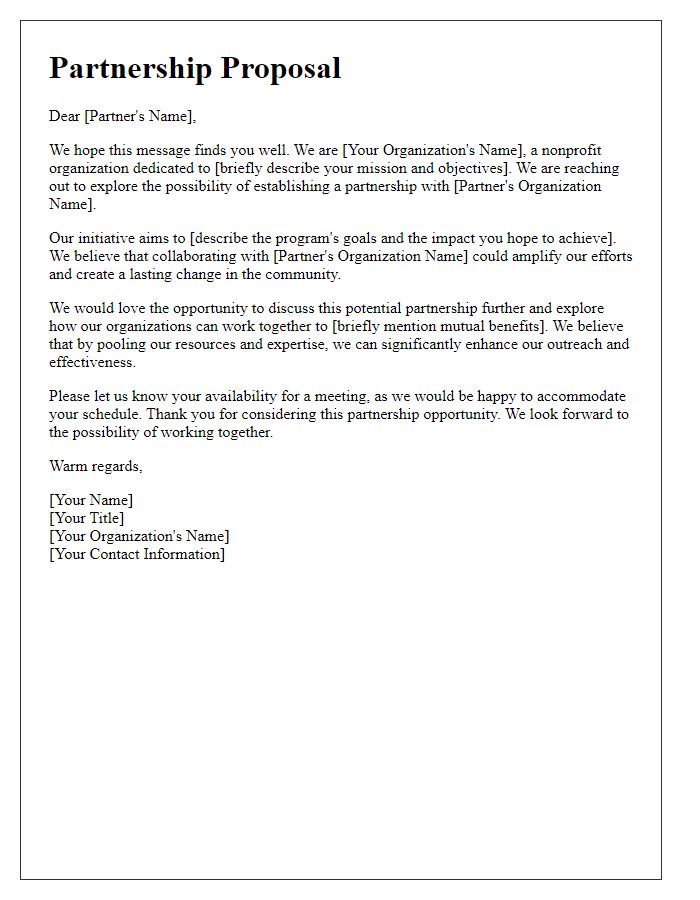 Letter template of nonprofit program partnership initiative