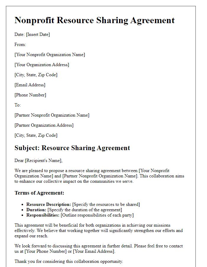 Letter template of nonprofit resource sharing agreement