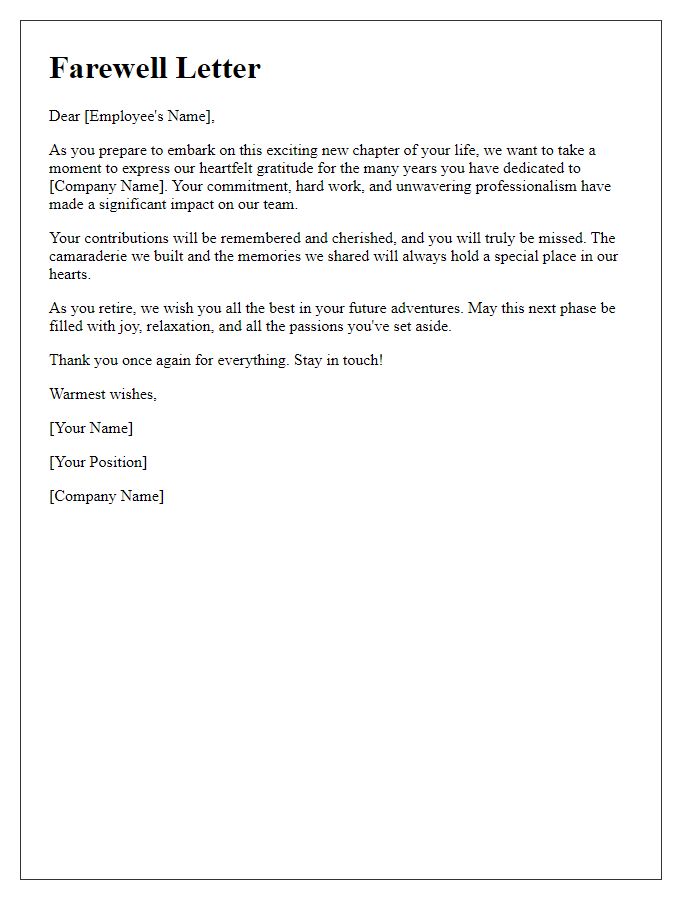 Letter template of farewell sentiments for an employee retiring.