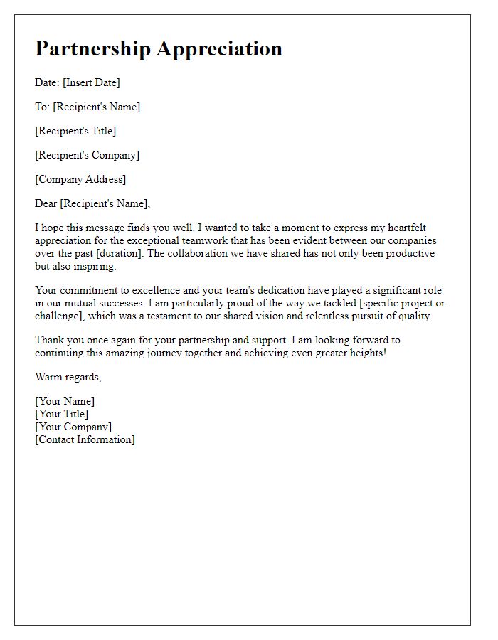 Letter template of partnership appreciation for exceptional teamwork.