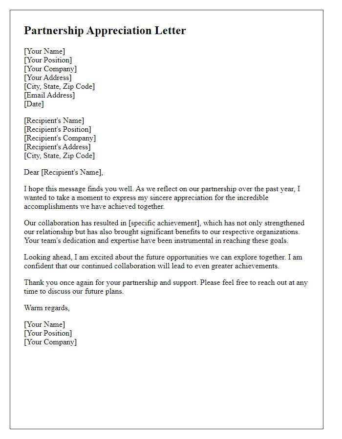 Letter template of partnership appreciation for shared achievements.