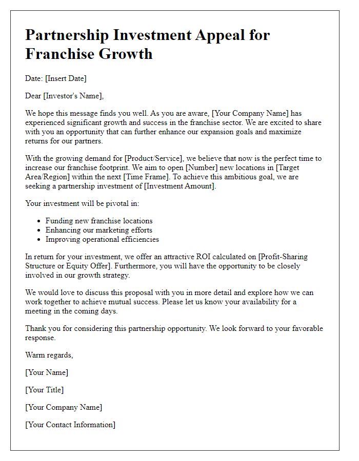 Letter template of partnership investment appeal for franchise growth