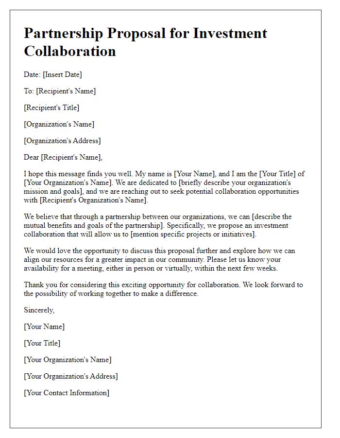 Letter template of partnership investment collaboration for non-profits