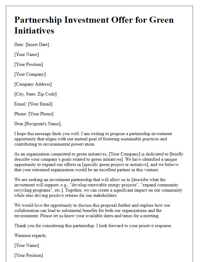 Letter template of partnership investment offer for green initiatives