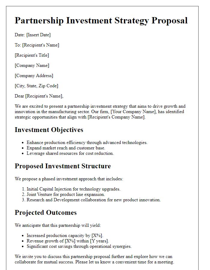 Letter template of partnership investment strategy for manufacturing firms