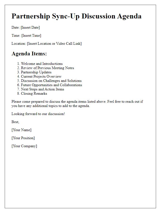 Letter template of discussion agenda for partnership sync-up