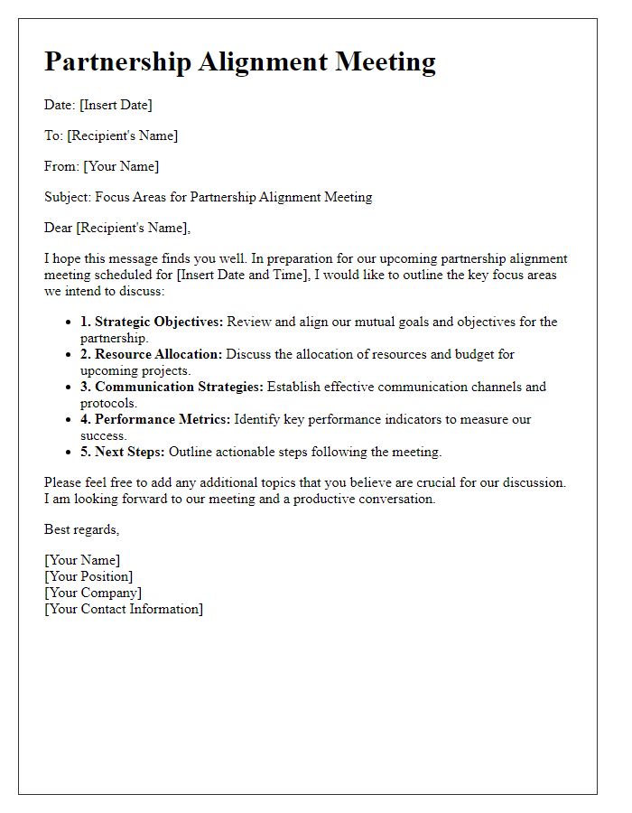 Letter template of focus areas for partnership alignment meeting