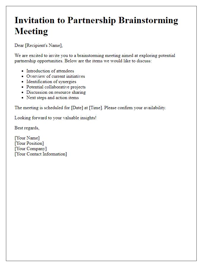 Letter template of items for partnership brainstorming meeting