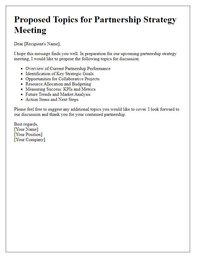 Letter template of proposed topics for partnership strategy meeting