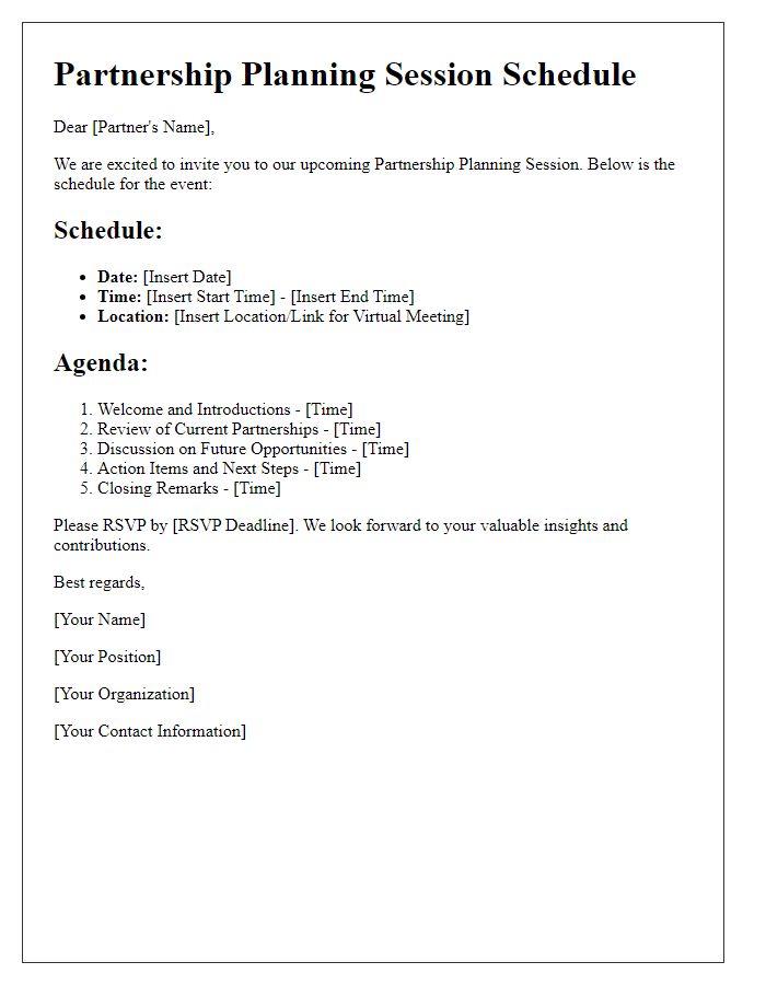 Letter template of schedule for partnership planning session