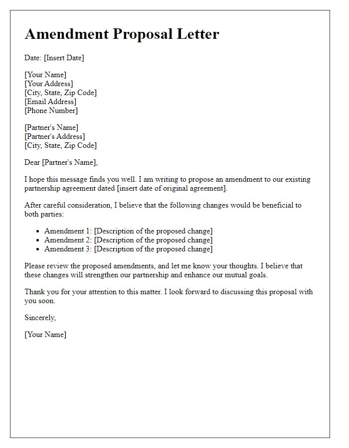 Letter template of amendment proposal for partnership agreement