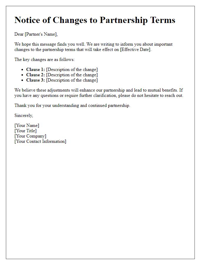 Letter template of changes to partnership terms communication