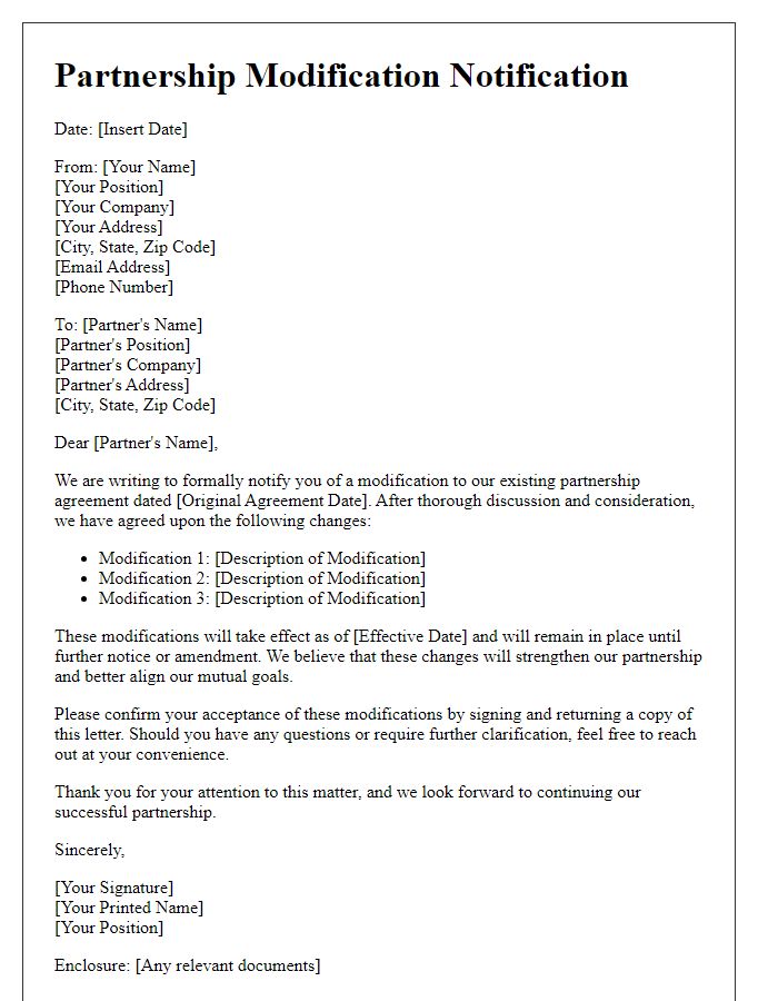 Letter template of partnership modification notification