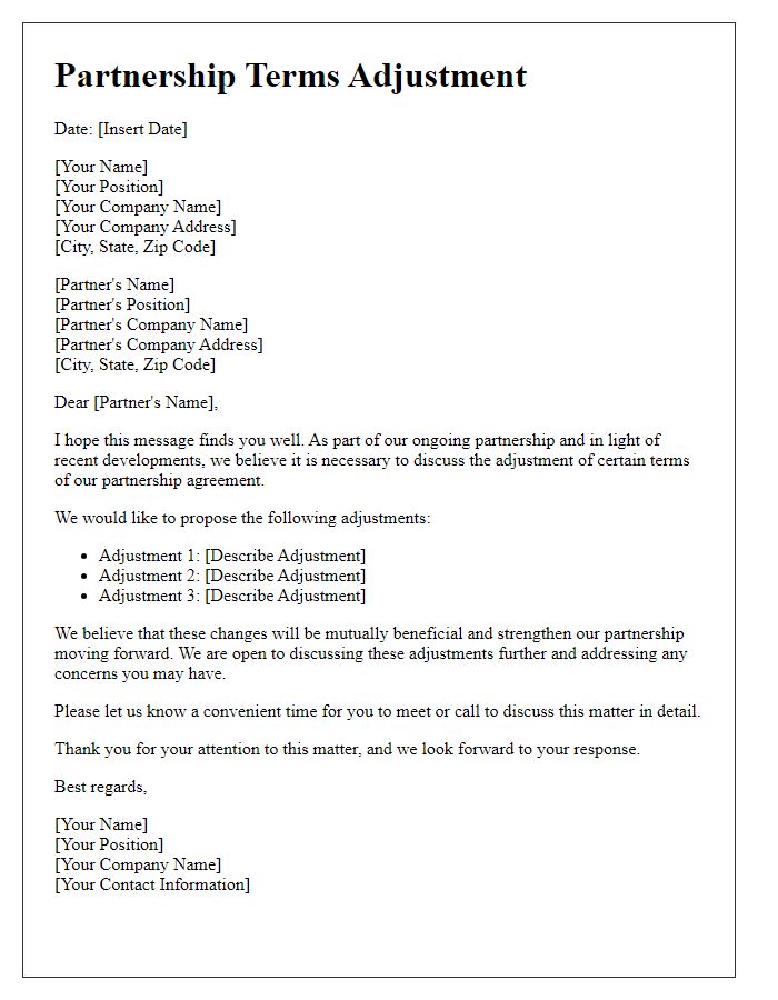 Letter template of partnership terms adjustment