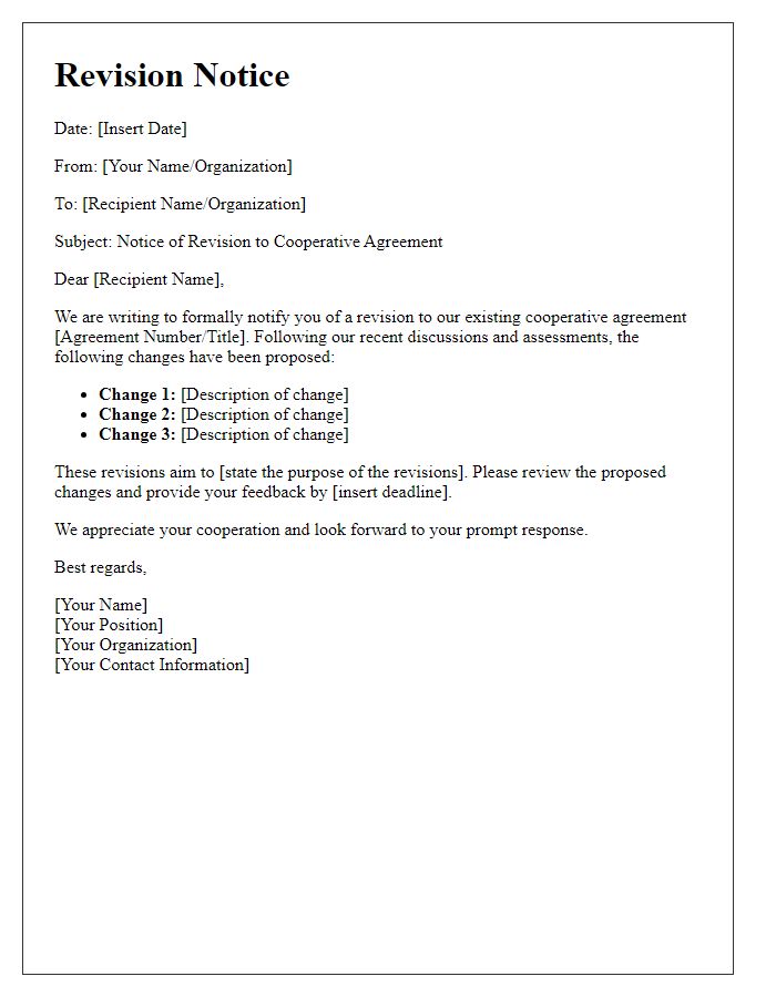 Letter template of revision notice for cooperative agreement