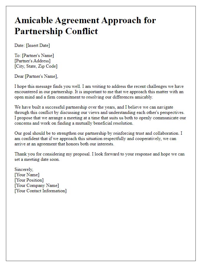 Letter template of amicable agreement approach for partnership conflict.