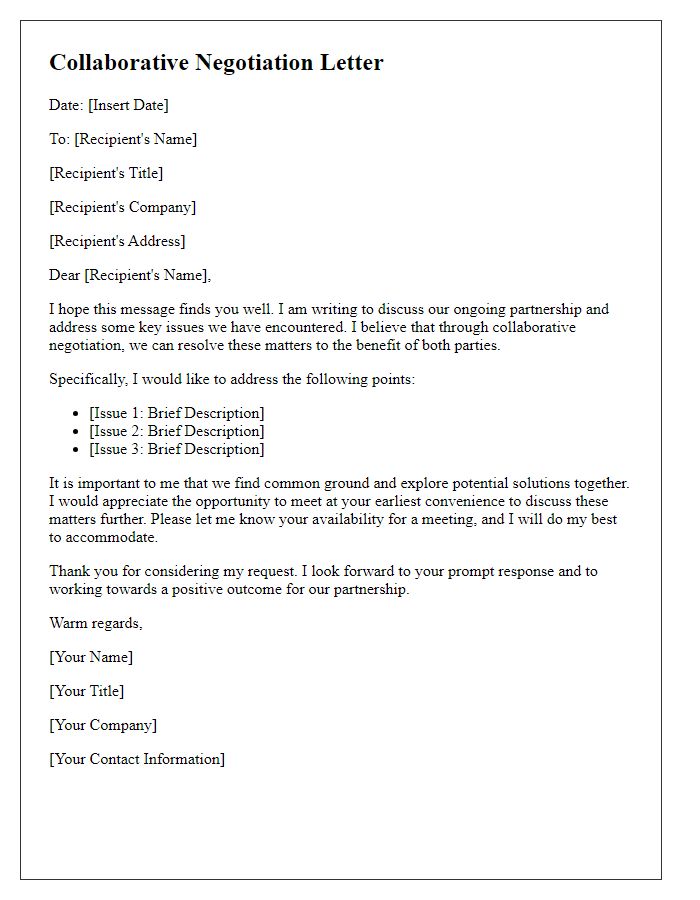 Letter template of collaborative negotiation for partnership issues.