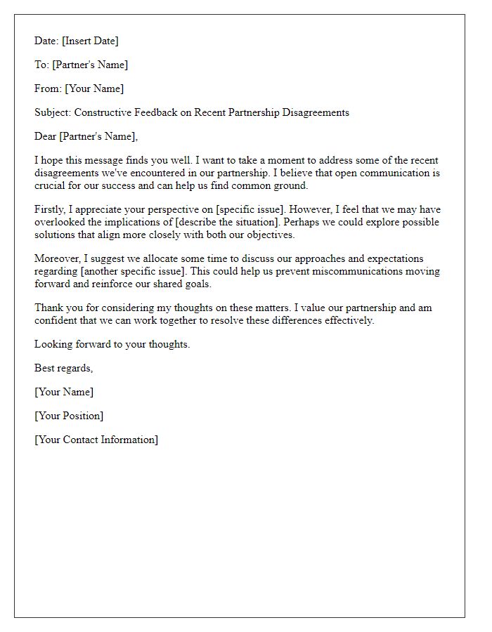 Letter template of constructive feedback for partnership disagreements.