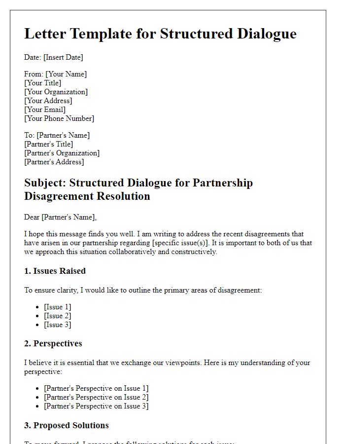 Letter template of structured dialogue for resolving partnership disagreements.