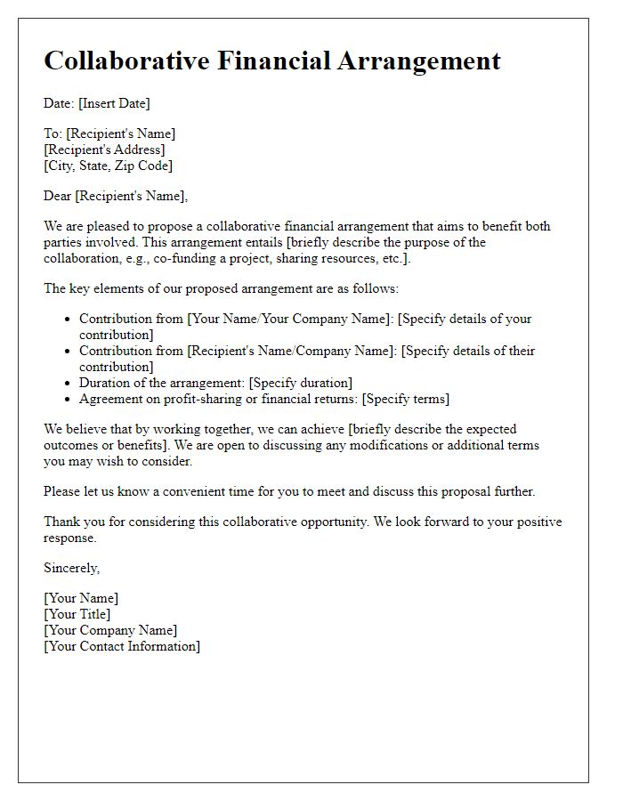 Letter template of collaborative financial arrangement