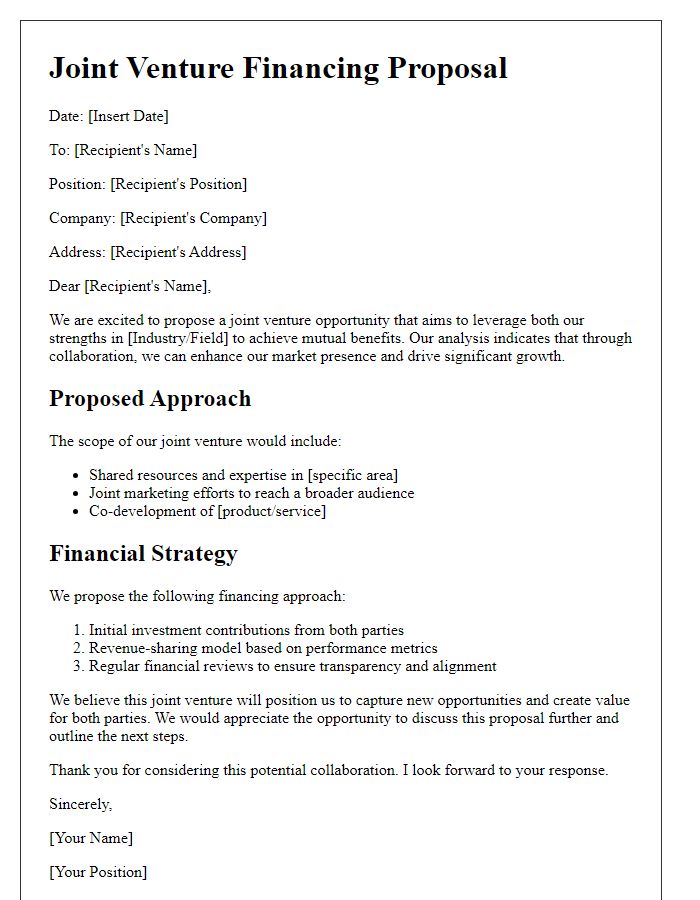 Letter template of joint venture financing approach