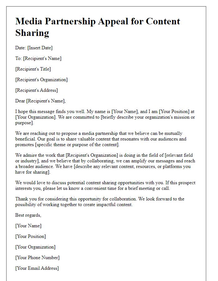 Letter template of media partnership appeal for content sharing