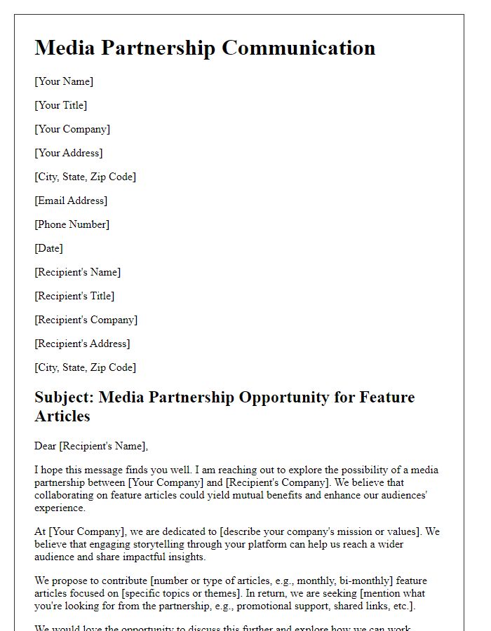 Letter template of media partnership communication for feature articles