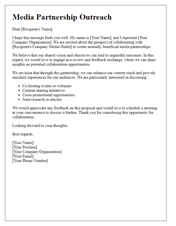 Letter template of media partnership outreach for review and feedback exchange