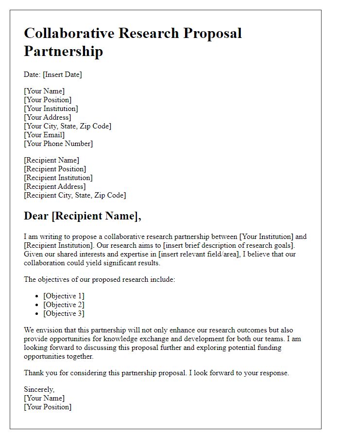 Letter template of collaborative research proposal partnership.