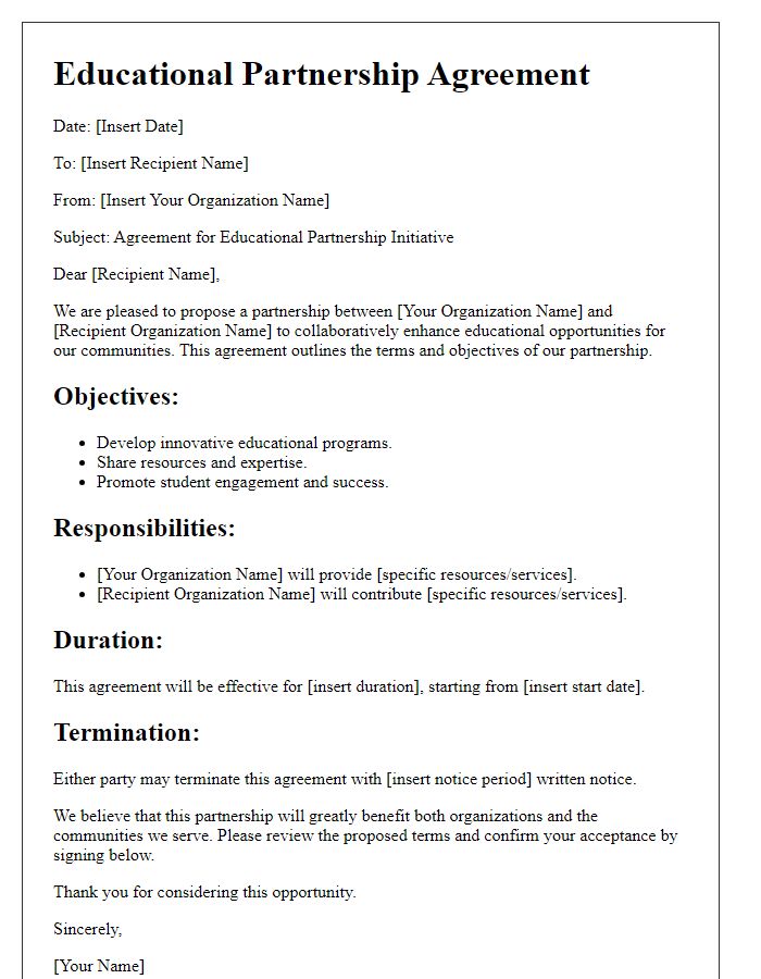 Letter template of agreement for educational partnership initiative