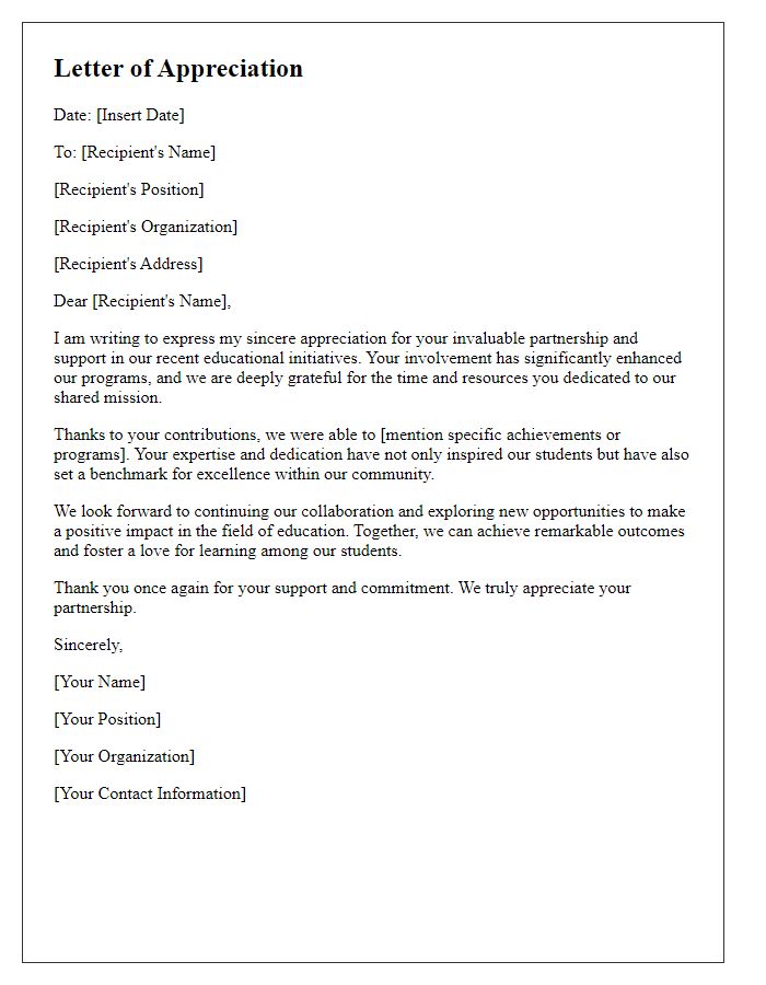 Letter template of appreciation for educational partnership involvement