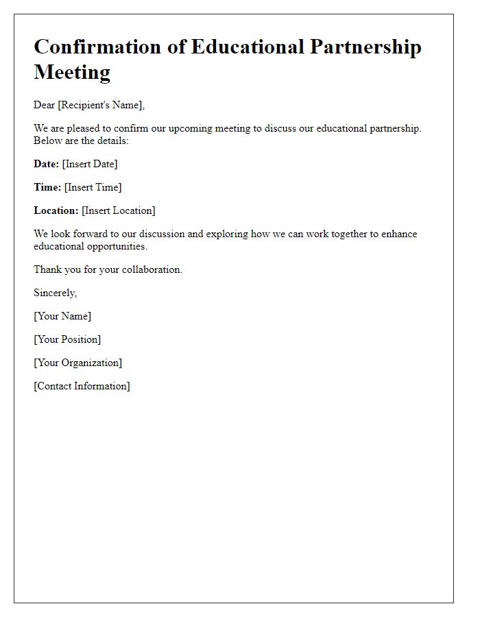 Letter template of confirmation for educational partnership meeting