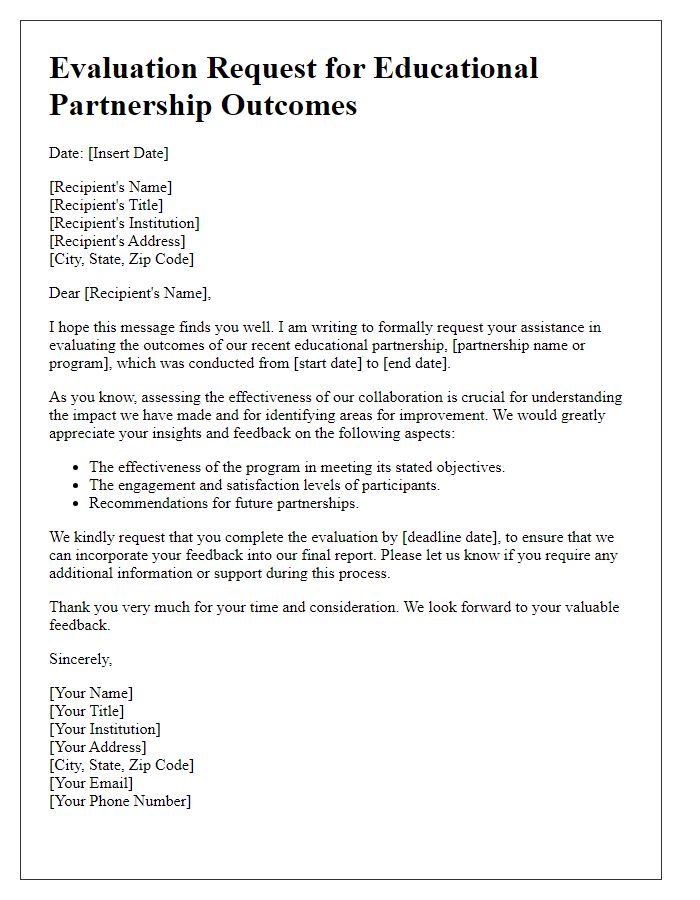 Letter template of evaluation request for educational partnership outcomes