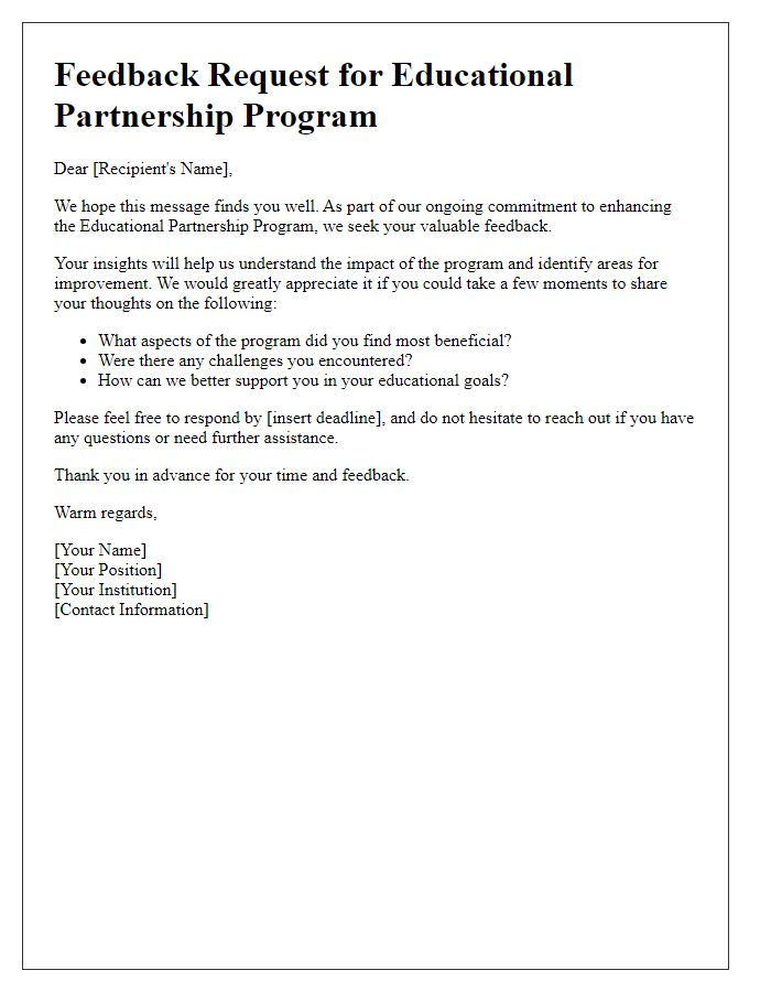 Letter template of feedback request for educational partnership program