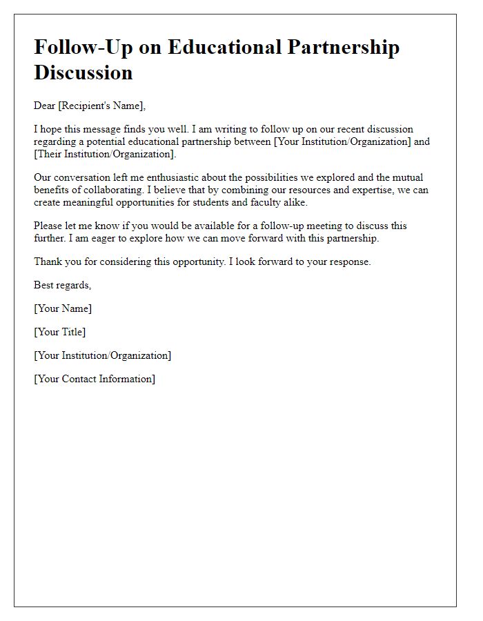 Letter template of follow-up for educational partnership discussion