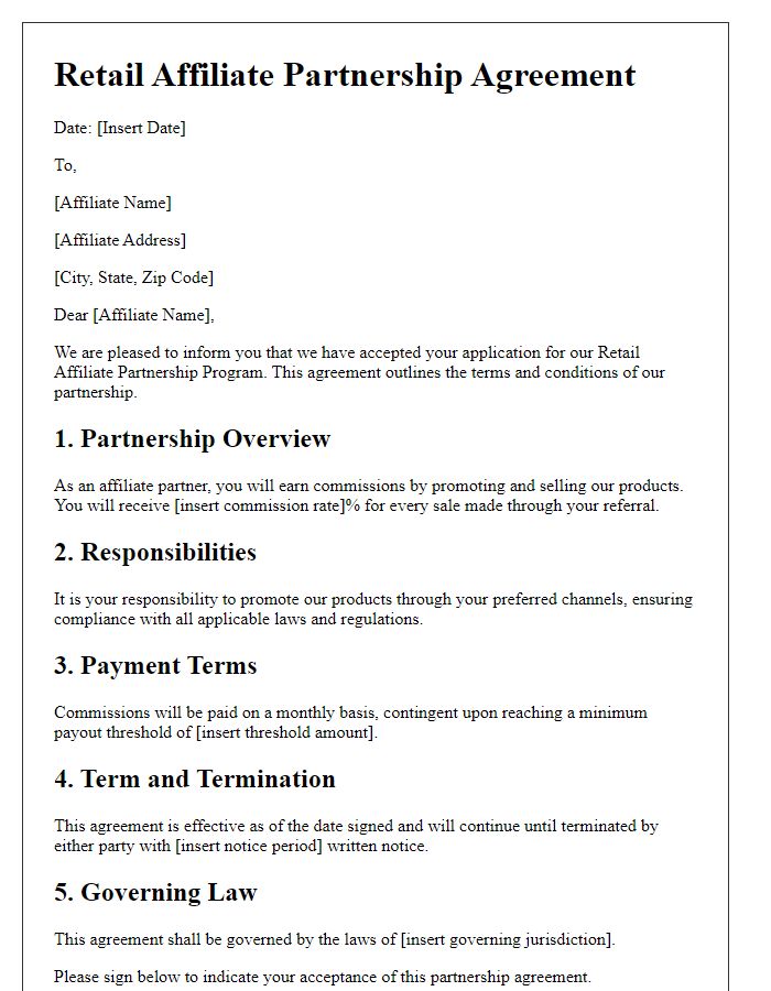 Letter template of Retail Affiliate Partnership Agreement