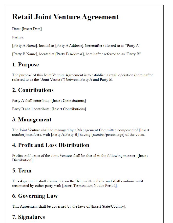 Letter template of Retail Joint Venture Agreement